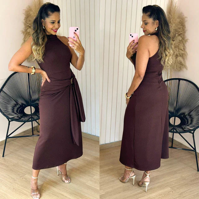 Vestido Midi Gola Alta Cavado Vica Marrom